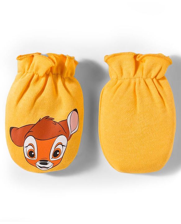 Babyhug Disney Interlock Knit Cap Mittens & Booties Set With Bambi & Friends Graphic Yellow - Diameter 9.5 cm