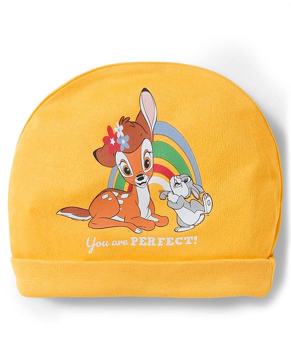 Babyhug Disney Interlock Knit Cap Mittens & Booties Set With Bambi & Friends Graphic Yellow - Diameter 9.5 cm