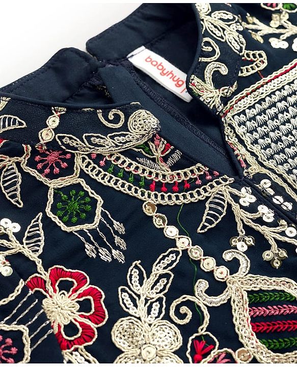 Babyhug Georgette Woven Three Fourth Sleeves Tired Ethnic Dress with Embroidery - Navy Blue