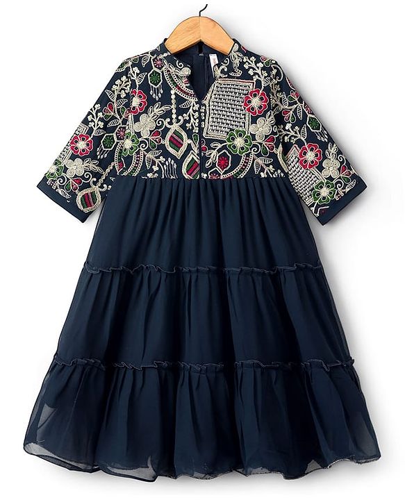 Babyhug Georgette Woven Three Fourth Sleeves Tired Ethnic Dress with Embroidery - Navy Blue