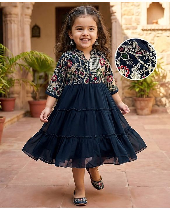 Babyhug Georgette Woven Three Fourth Sleeves Tired Ethnic Dress with Embroidery - Navy Blue