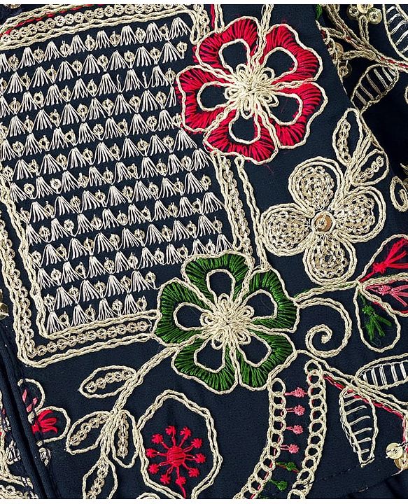 Babyhug Georgette Woven Three Fourth Sleeves Tired Ethnic Dress with Embroidery - Navy Blue