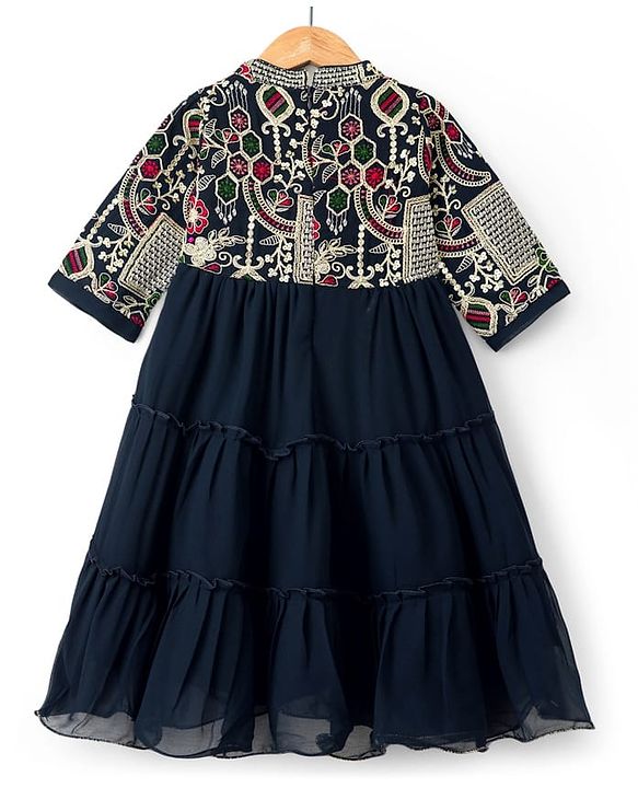 Babyhug Georgette Woven Three Fourth Sleeves Tired Ethnic Dress with Embroidery - Navy Blue