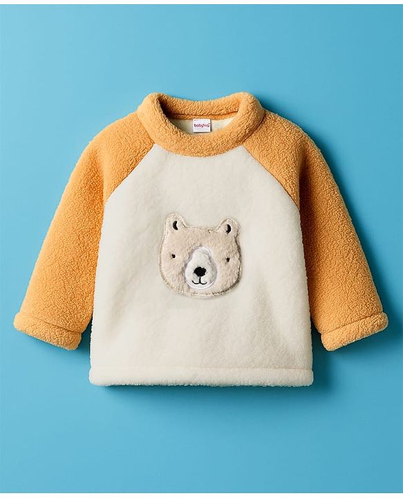 Babyhug Velour Knit Full Raglan Sleeves Winter Wear Night Suit With Bear Applique - Beige