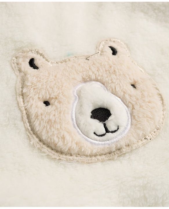 Babyhug Velour Knit Full Raglan Sleeves Winter Wear Night Suit With Bear Applique - Beige