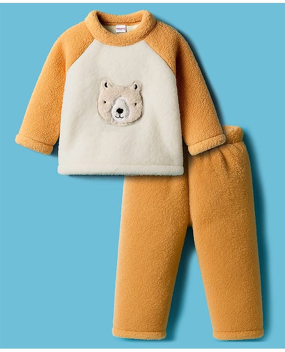 Babyhug Velour Knit Full Raglan Sleeves Winter Wear Night Suit With Bear Applique - Beige