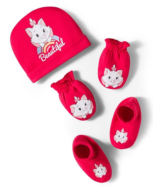 Babyhug Disney Interlock Knit Cap Mittens & Booties Set With Marie Graphic Red - Diameter 9 cm
