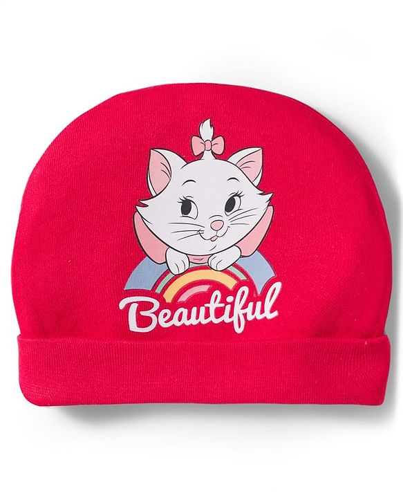 Babyhug Disney Interlock Knit Cap Mittens & Booties Set With Marie Graphic Red - Diameter 9 cm