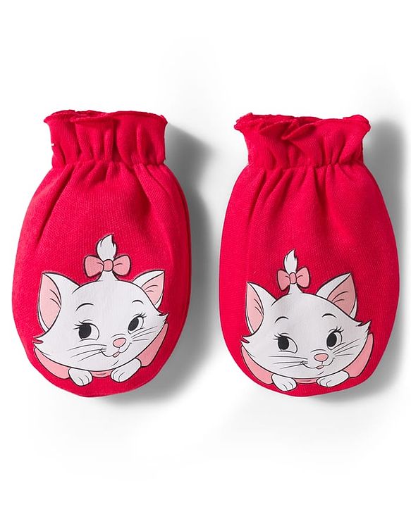 Babyhug Disney Interlock Knit Cap Mittens & Booties Set With Marie Graphic Red - Diameter 9 cm