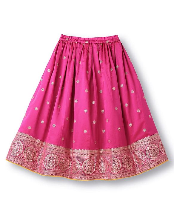 Babyhug Brocade Woven Half Puffed Sleeves Choli Lehenga Set with Dupatta & Motif Embroidery - Dark Pink & Yellow