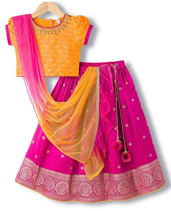 Babyhug Brocade Woven Half Puffed Sleeves Choli Lehenga Set with Dupatta & Motif Embroidery - Dark Pink & Yellow