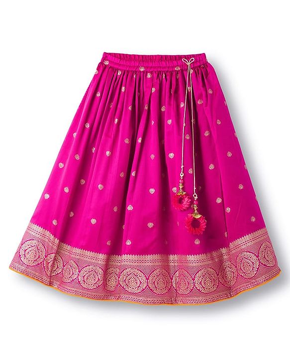 Babyhug Brocade Woven Half Puffed Sleeves Choli Lehenga Set with Dupatta & Motif Embroidery - Dark Pink & Yellow