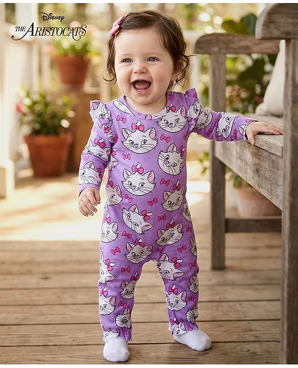 Babyhug Disney Interlock Knit Full Sleeves Romper With Marie Graphics - Lavender