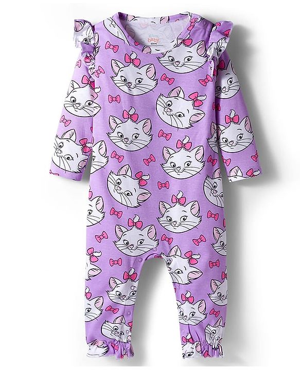 Babyhug Disney Interlock Knit Full Sleeves Romper With Marie Graphics - Lavender