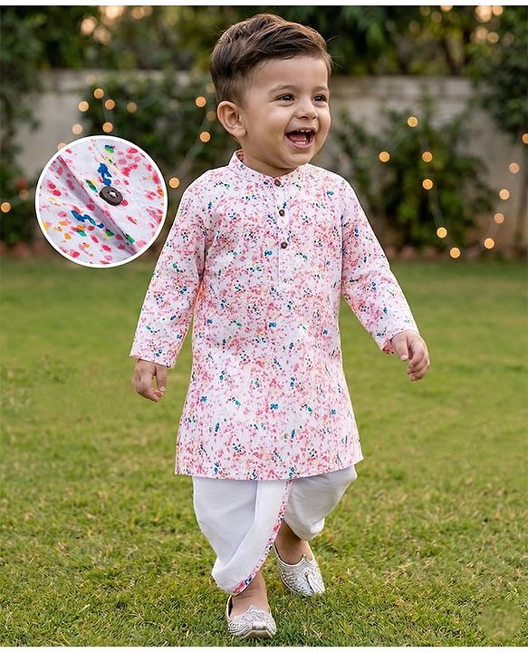 Babyhug Cotton Woven Full Sleeves Cambric Colour Splash Printed Kurta Dhoti Set - White