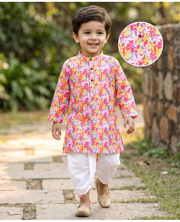 Babyhug Cotton Woven Full Sleeves Cambric Floral Printed Kurta Dhoti Set- Multicolour