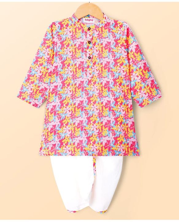 Babyhug Cotton Woven Full Sleeves Cambric Floral Printed Kurta Dhoti Set- Multicolour