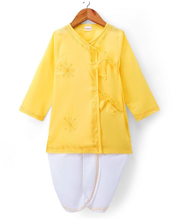 Babyhug Cambric Woven Full Sleeves Embroidered Angarakha Kurta Dhoti Set -  Yellow