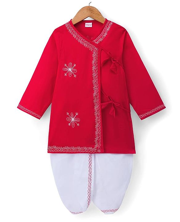 Babyhug Cambric Woven Full Sleeves Embroidered Angarakha Kurta Dhoti Set - Red