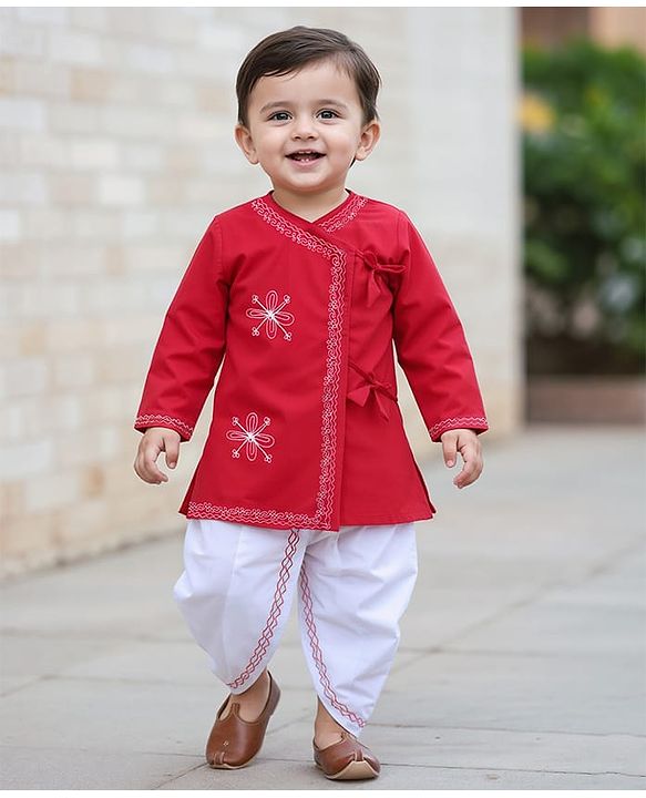 Babyhug Cambric Woven Full Sleeves Embroidered Angarakha Kurta Dhoti Set - Red