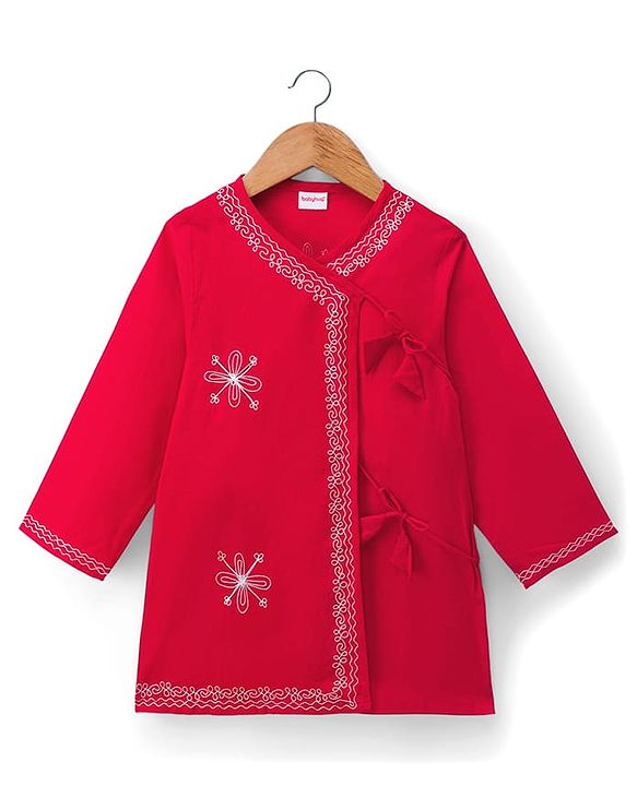 Babyhug Cambric Woven Full Sleeves Embroidered Angarakha Kurta Dhoti Set - Red