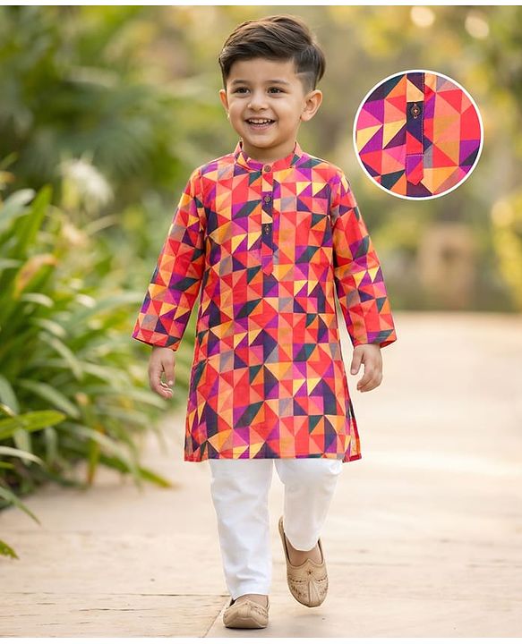 Babyhug Cambric Woven Full Sleeves Abstract Printed Kurta Pajama Set - Orange