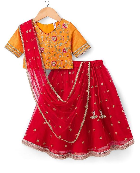 Babyhug Woven Half Sleeves Net Floral Embroidered Choli Lehenga & Dupatta Set with Floral Embroidery & Lace Detailing - Red & Mustard