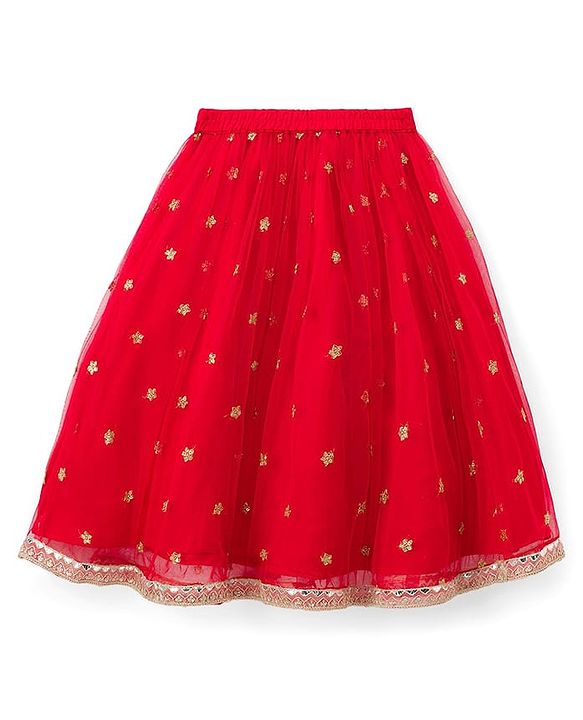 Babyhug Woven Half Sleeves Net Floral Embroidered Choli Lehenga & Dupatta Set with Floral Embroidery & Lace Detailing - Red & Mustard
