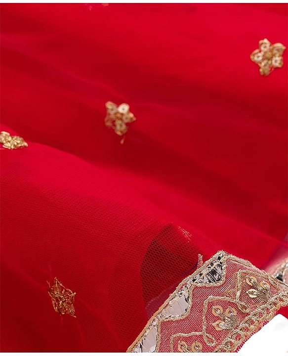 Babyhug Woven Half Sleeves Net Floral Embroidered Choli Lehenga & Dupatta Set with Floral Embroidery & Lace Detailing - Red & Mustard