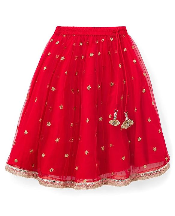 Babyhug Woven Half Sleeves Net Floral Embroidered Choli Lehenga & Dupatta Set with Floral Embroidery & Lace Detailing - Red & Mustard