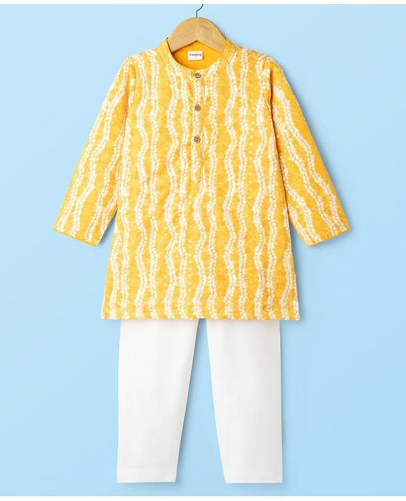 Babyhug Cambric Woven Full Sleeves Kurta Pajama Set With Floral Hakoba Embriodery - Yellow
