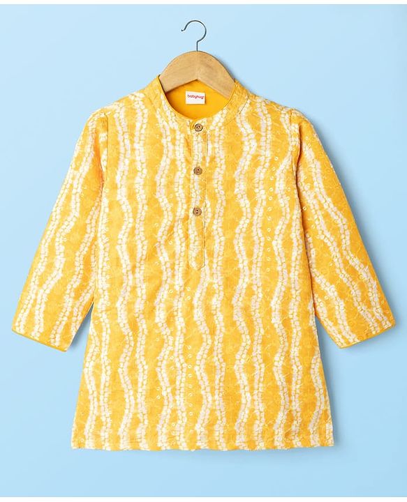 Babyhug Cambric Woven Full Sleeves Kurta Pajama Set With Floral Hakoba Embriodery - Yellow