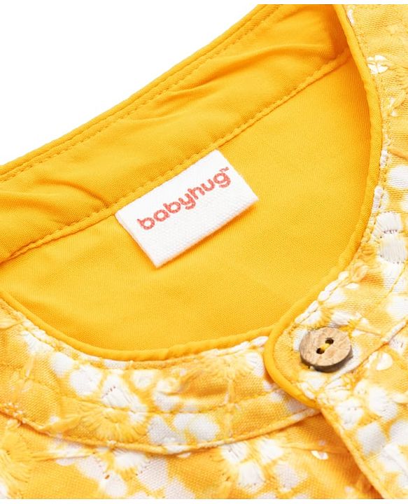 Babyhug Cambric Woven Full Sleeves Kurta Pajama Set With Floral Hakoba Embriodery - Yellow