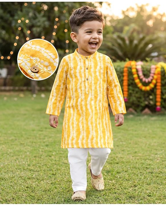Babyhug Cambric Woven Full Sleeves Kurta Pajama Set With Floral Hakoba Embriodery - Yellow