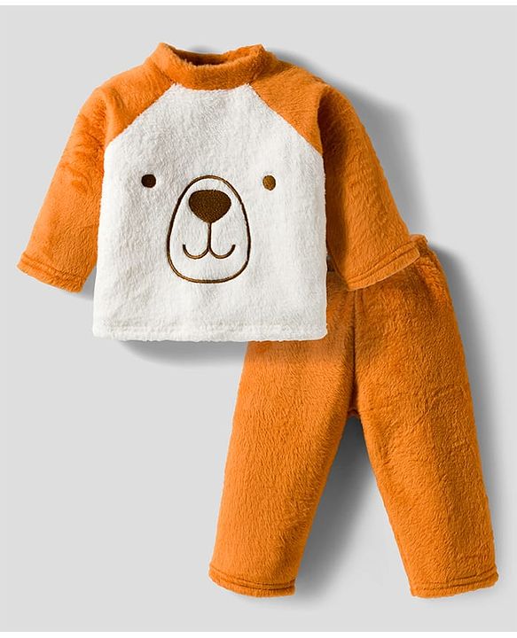 Babyhug Velour Knit Full Raglan Sleeves Winter Wear Night Suit With Face Embroidery - Brown &  White