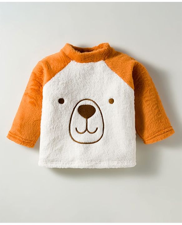Babyhug Velour Knit Full Raglan Sleeves Winter Wear Night Suit With Face Embroidery - Brown &  White