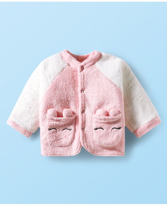 Babyhug Velour Knit Full Raglan Sleeves Winterwear Night Suit With Ear Applique & Pockets - Pink & White