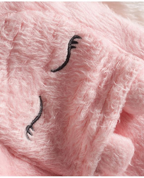 Babyhug Velour Knit Full Raglan Sleeves Winterwear Night Suit With Ear Applique & Pockets - Pink & White
