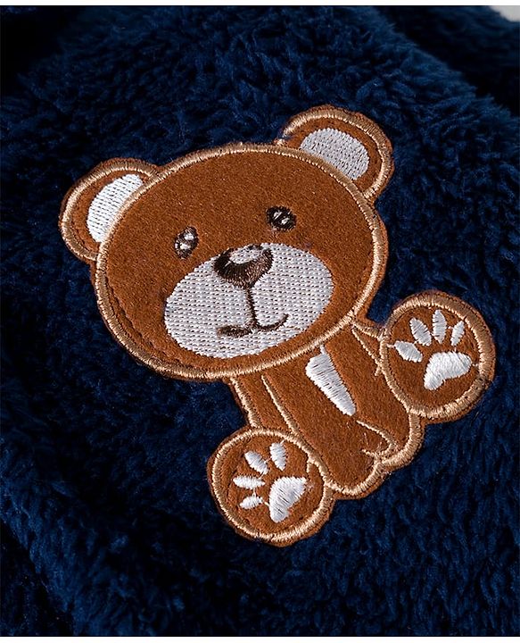 Babyhug Velour Knit Front Open Full Sleeves Night Suit with Animal Applique - Navy Blue