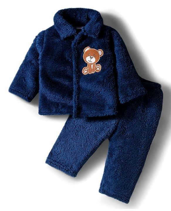 Babyhug Velour Knit Front Open Full Sleeves Night Suit with Animal Applique - Navy Blue