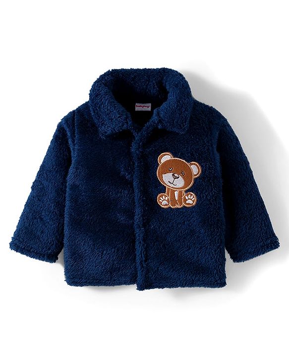 Babyhug Velour Knit Front Open Full Sleeves Night Suit with Animal Applique - Navy Blue
