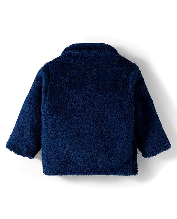 Babyhug Velour Knit Front Open Full Sleeves Night Suit with Animal Applique - Navy Blue