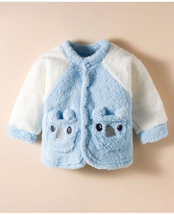 Babyhug Velour Knit Front Open Full Sleeves Night Suit with Animal Applique - White & Light Blue