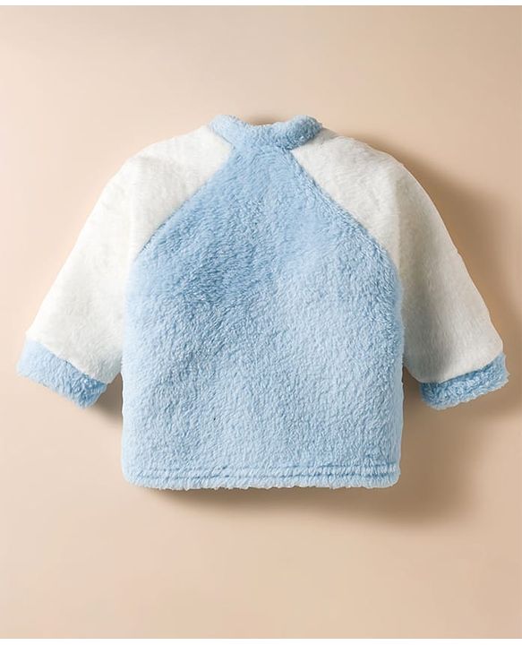 Babyhug Velour Knit Front Open Full Sleeves Night Suit with Animal Applique - White & Light Blue