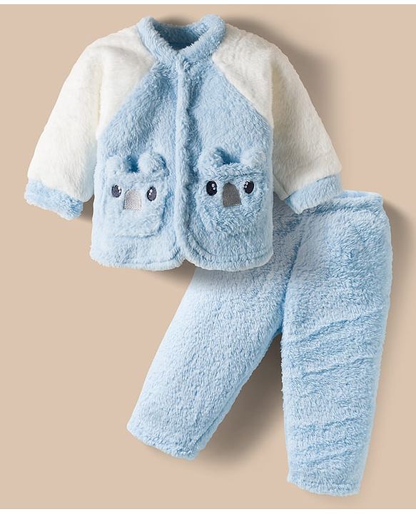 Babyhug Velour Knit Front Open Full Sleeves Night Suit with Animal Applique - White & Light Blue