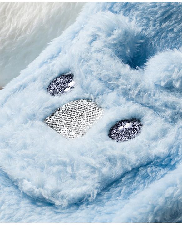 Babyhug Velour Knit Front Open Full Sleeves Night Suit with Animal Applique - White & Light Blue