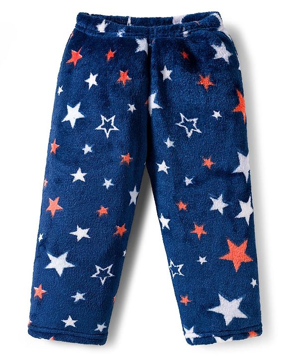 Babyhug Velour Knit Full Sleeves Co-ords Winter Wear Night Suit With Star Print - Navy Blue