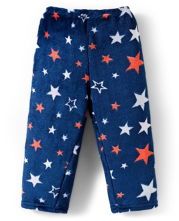 Babyhug Velour Knit Full Sleeves Co-ords Winter Wear Night Suit With Star Print - Navy Blue