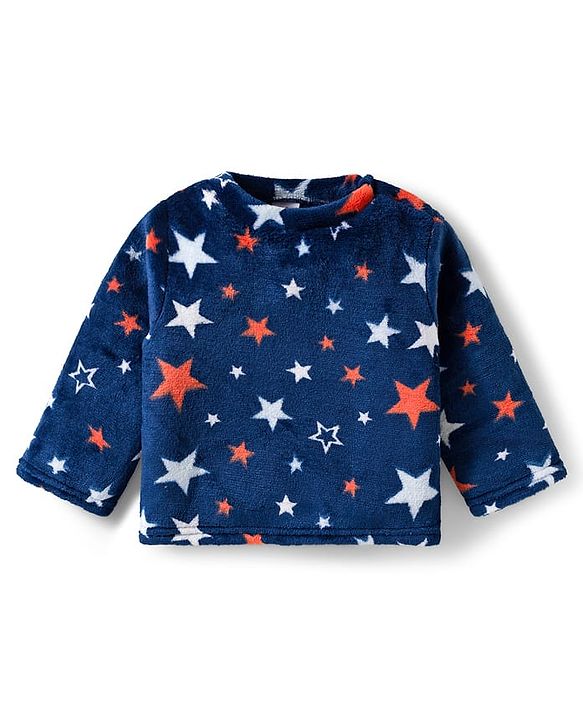 Babyhug Velour Knit Full Sleeves Co-ords Winter Wear Night Suit With Star Print - Navy Blue