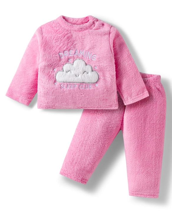 Babyhug Velour Knit Full Sleeves Winter Wear Night Suit With Text Embriodery - Pink